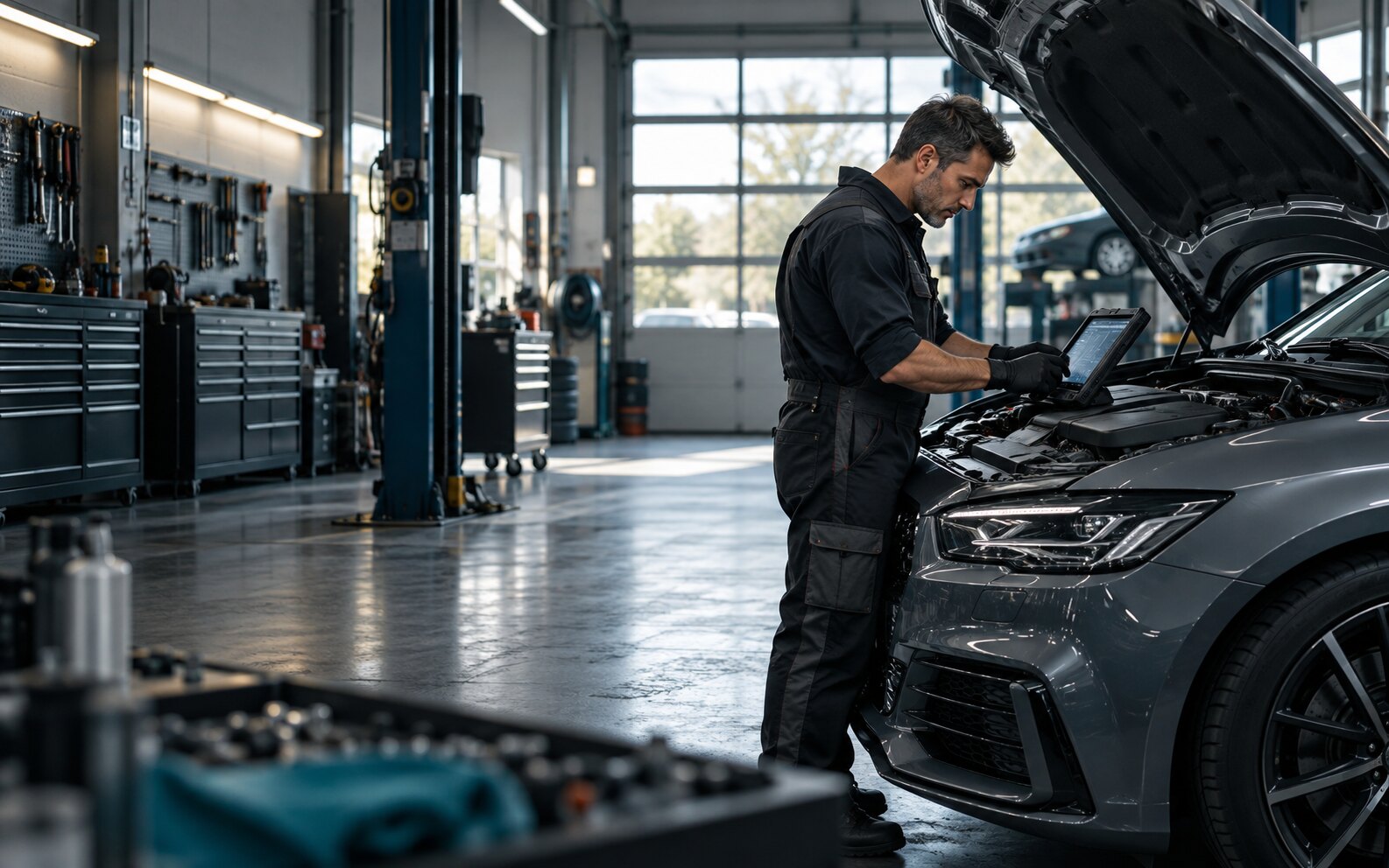 Mécanicien réalisant un diagnostic près d’une voiture dans un atelier moderne