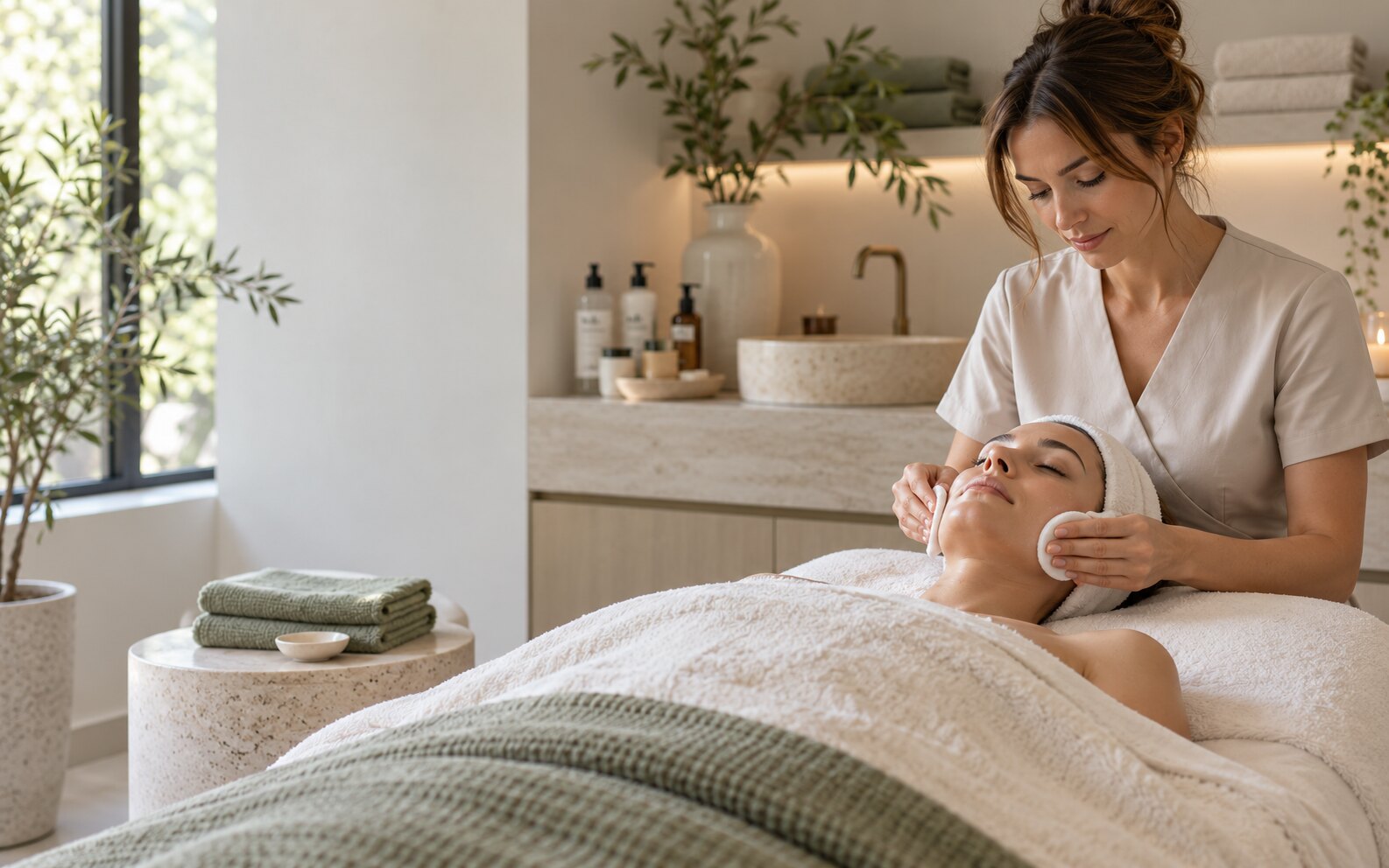 Esthéticienne réalisant un soin du visage dans un institut lumineux