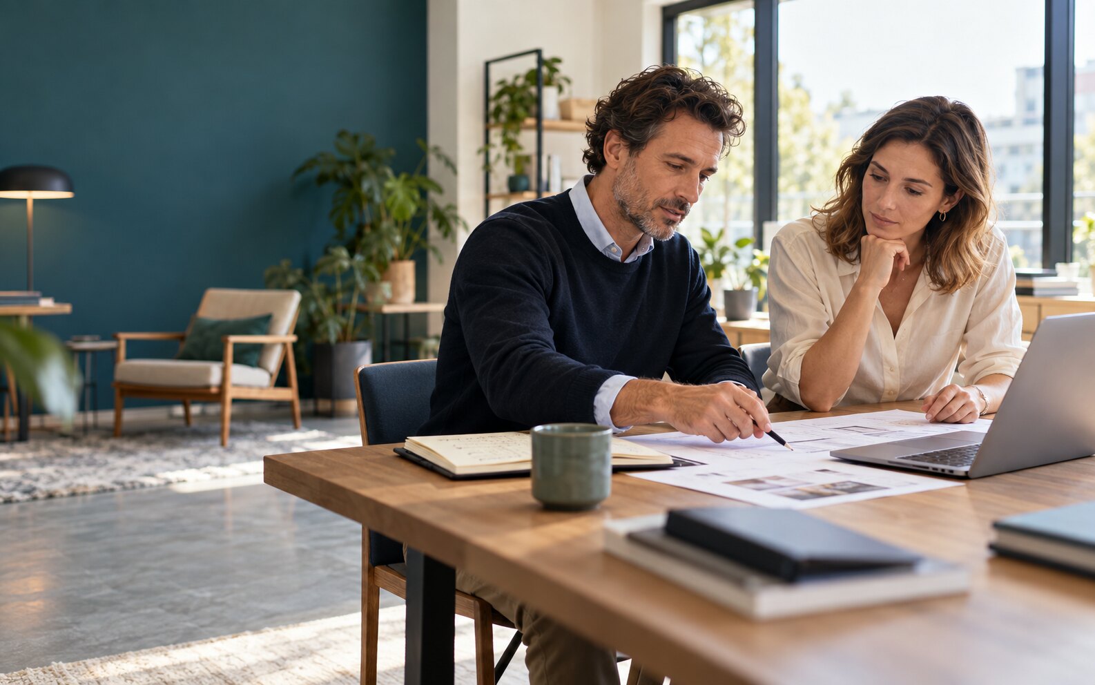 Consultant échangeant avec une entrepreneuse autour d’un plan dans un bureau lumineux