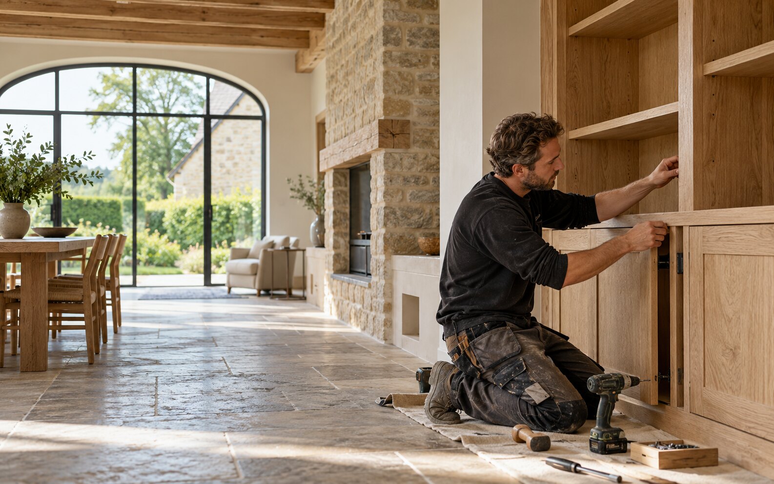 Artisan installant un meuble en chêne dans une maison rénovée lumineuse