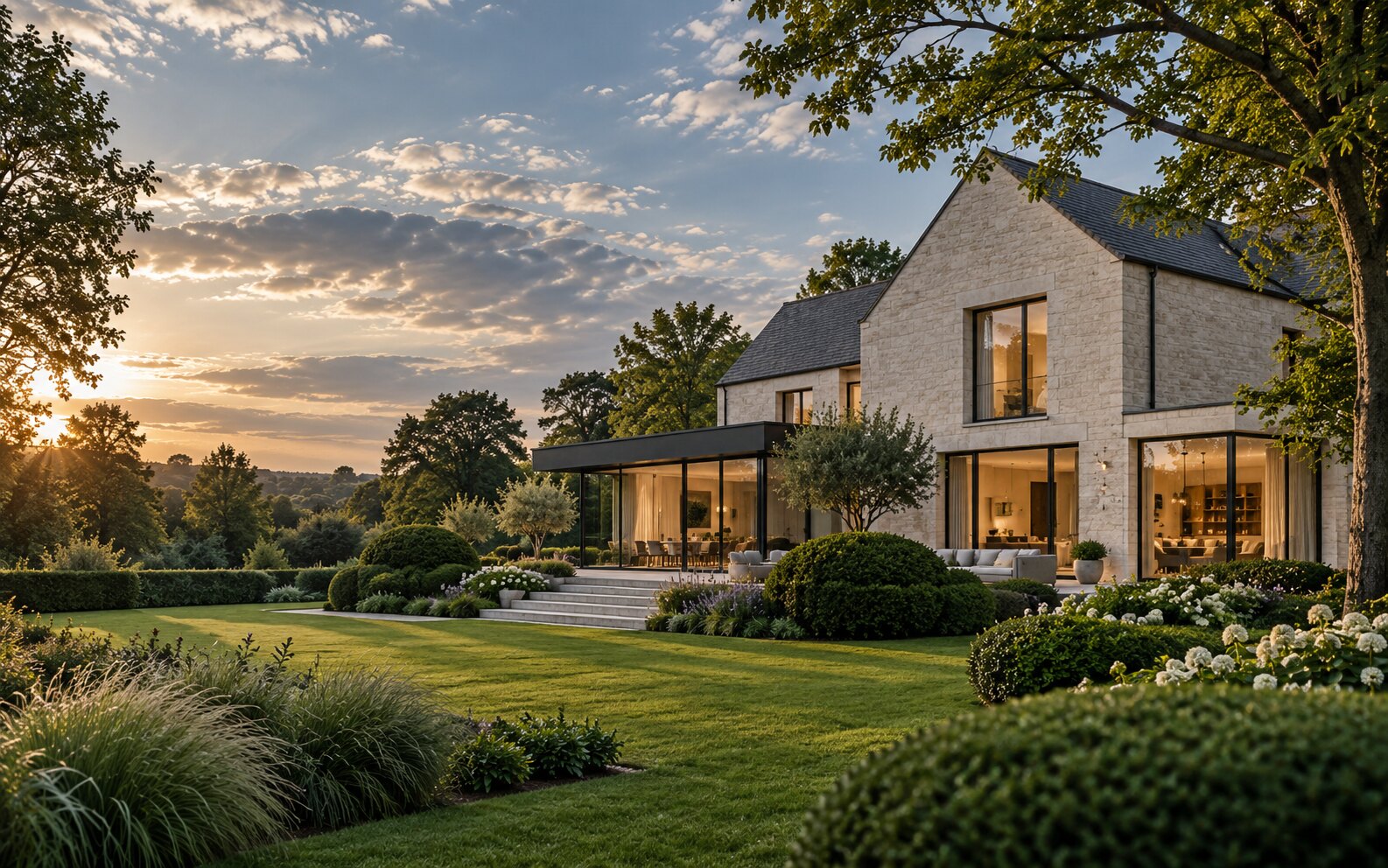 Maison contemporaine en pierre entourée d’un jardin arboré en Belgique
