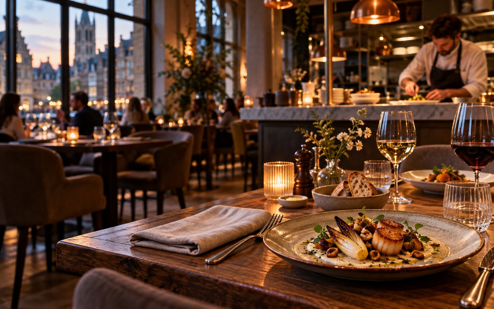 Table dressée et chef préparant un plat de saison dans un restaurant contemporain