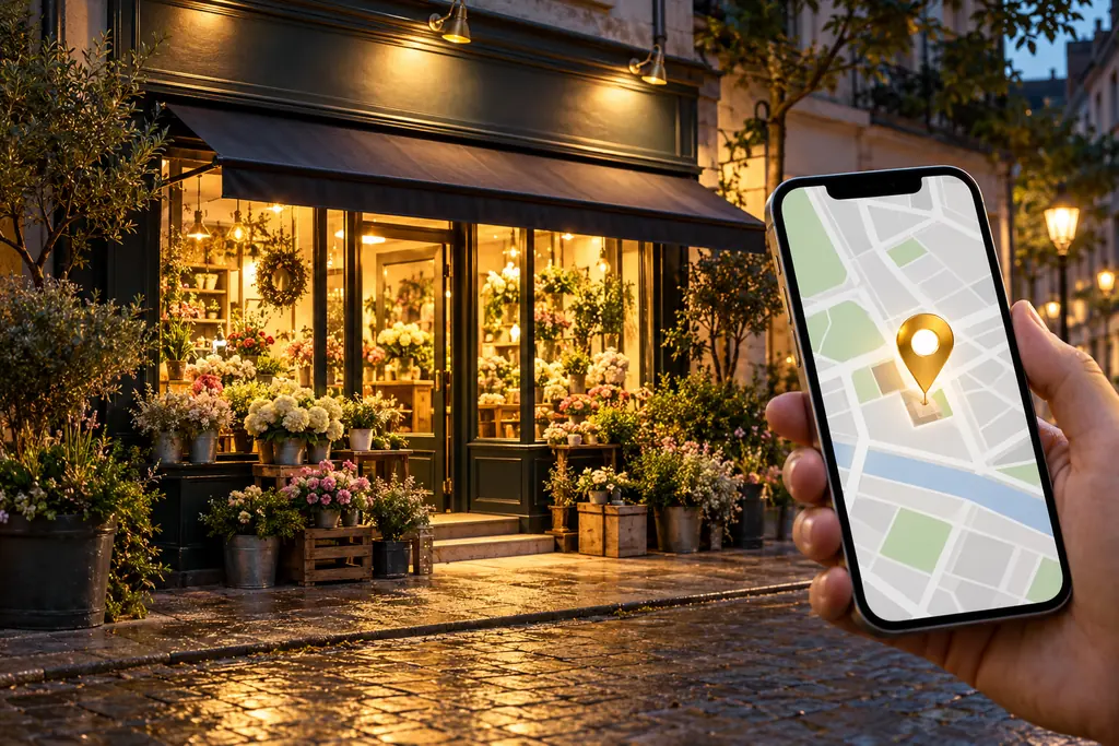 Vitrine locale repérée sur une carte affichée sur smartphone.