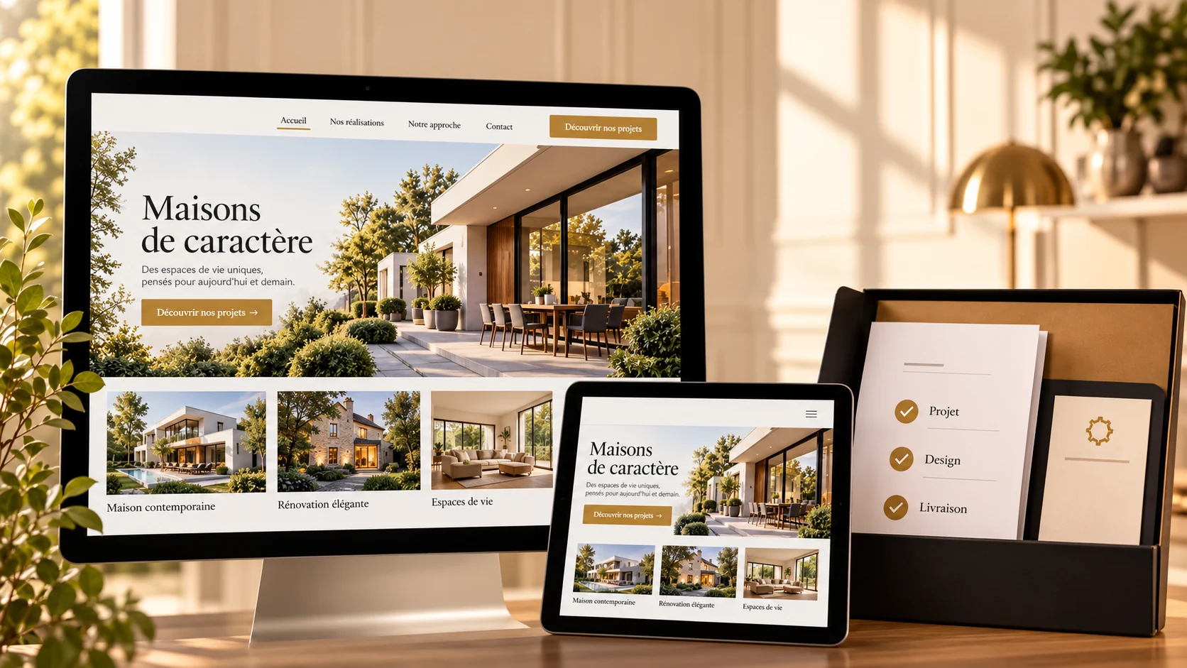 Maquette complète de site web en français affichée sur un ordinateur et une tablette, avec galerie de projets et interface finalisée.