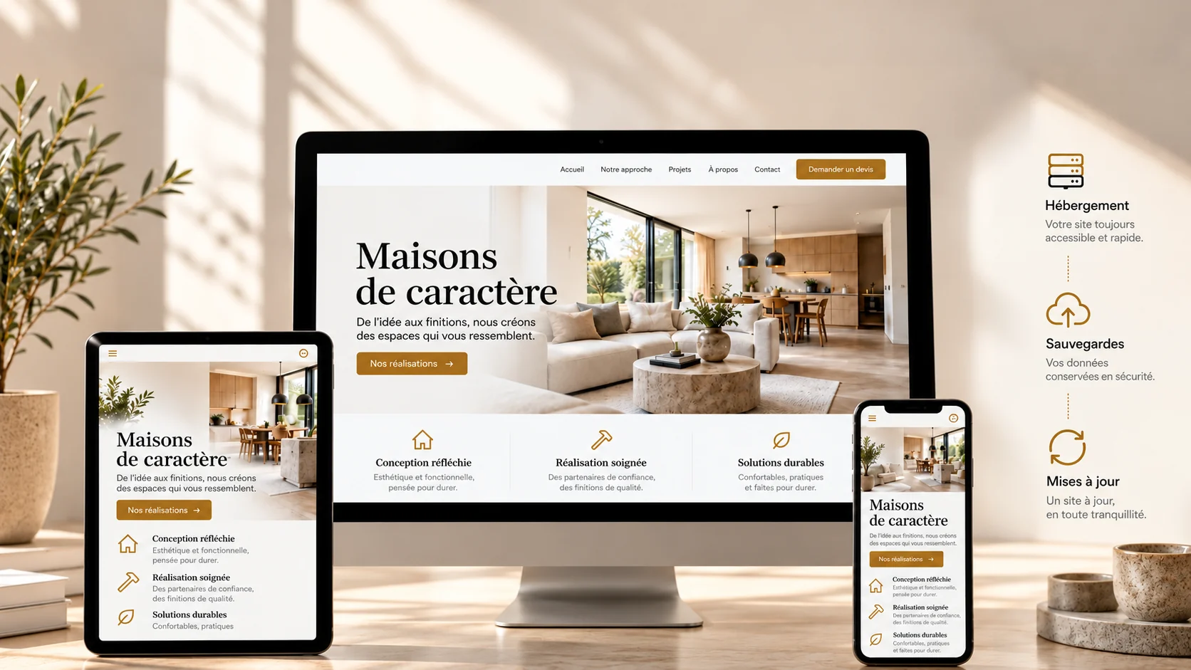 Site d’architecture en français affiché sur ordinateur, tablette et smartphone, avec hébergement, sauvegardes et mises à jour.