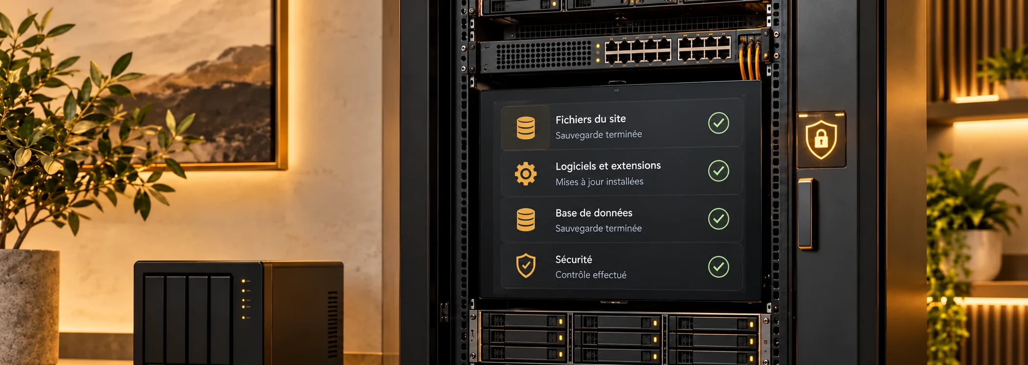 Interface en français de suivi d’hébergement et de maintenance, avec sauvegardes, mises à jour et contrôle de sécurité.