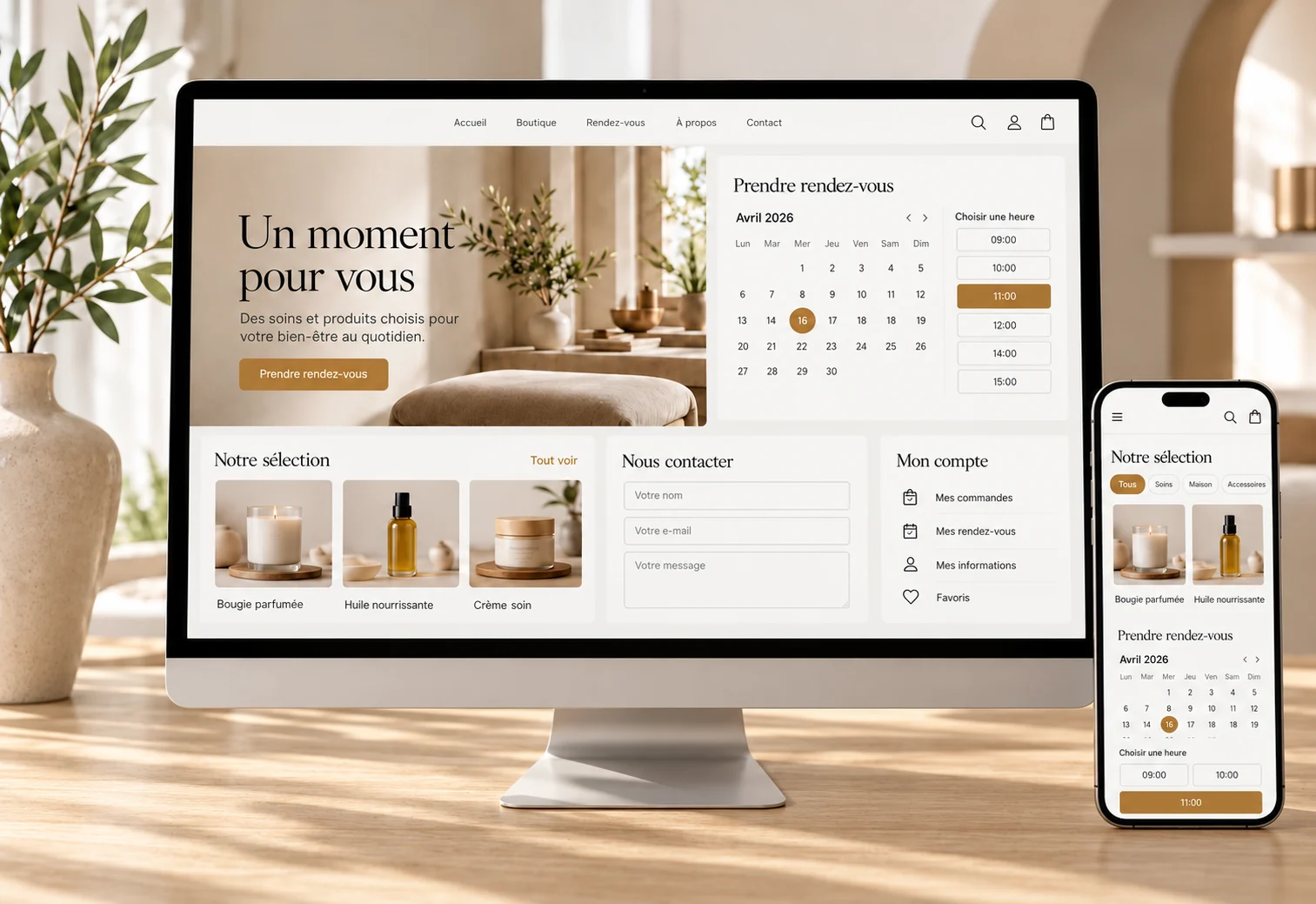Site web sur mesure en français avec prise de rendez-vous, catalogue, formulaire de contact et espace client sur ordinateur et téléphone.