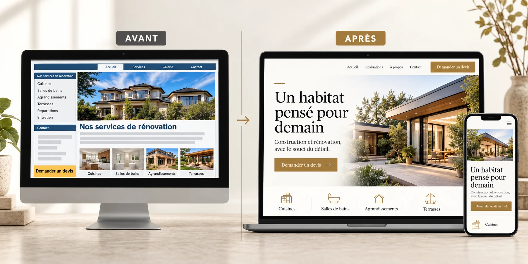 Comparatif avant après d’un site web de rénovation en français, des écrans anciens à une version modernisée et responsive.